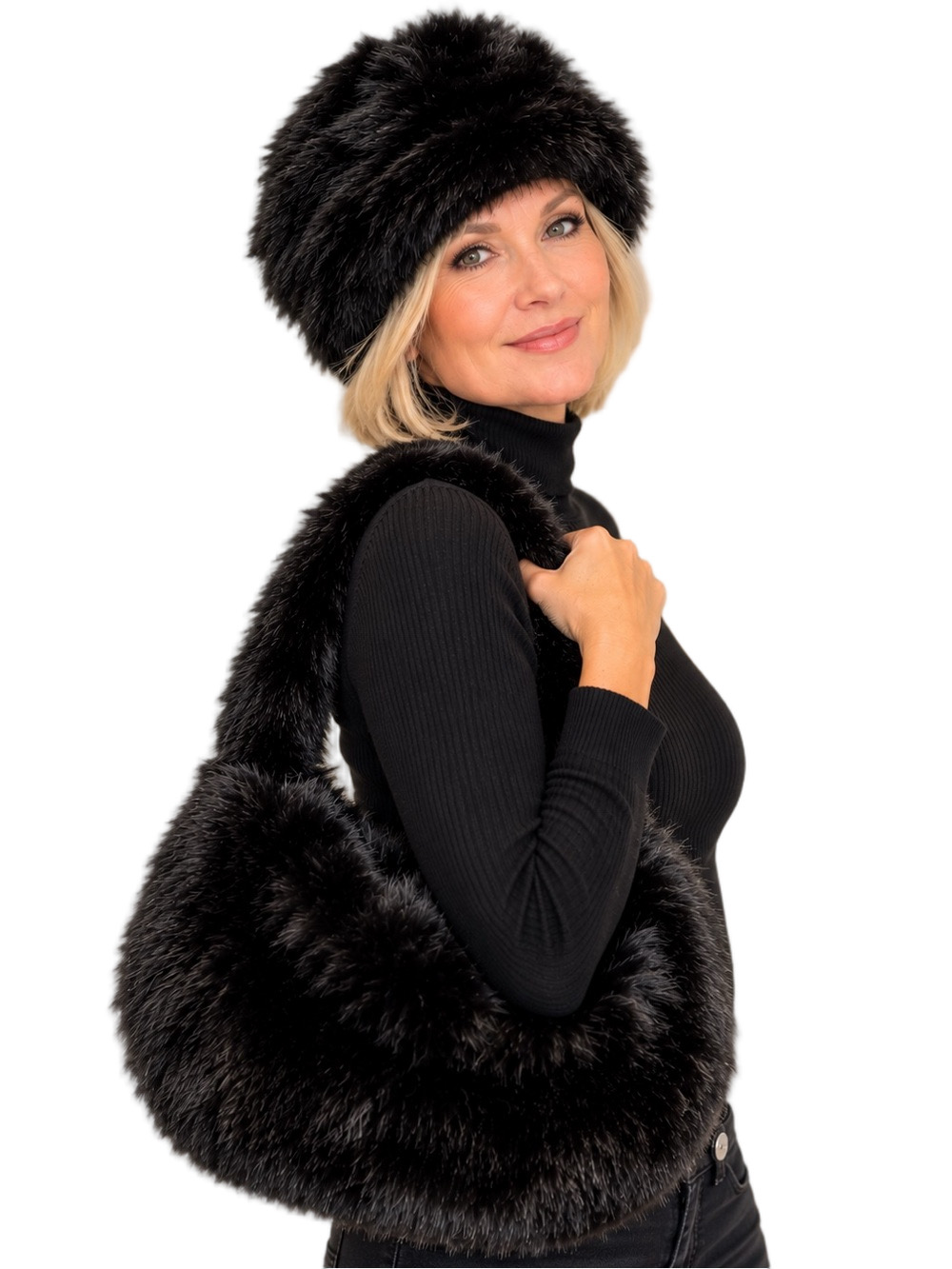NEW: Faux Fur Black Hat Shoulder Bag Set - Stylish Winter Accessories dust bag